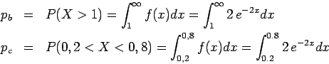 \begin{eqnarray*}
p_b & = & P(X > 1) = \int_1^\infty f(x) dx = \int_1^\infty 2\...
...) = \int_{0,2}^{0,8} f(x) dx = \int_{0.2}^{0.8} 2\,e^{-2x} dx \,
\end{eqnarray*}
