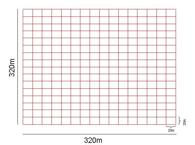 Esquema da parcela permanente subdividida em 256
sub-parcelas contíguas de 20 x 20 m (400 $m^2$).