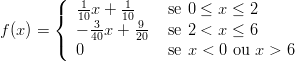       (  -1     1-
       {  10x3+  10 9   se 0 ≤ x ≤ 2
f(x) = (  - 40x + 20   se 2 < x ≤ 6
          0            se x < 0 ou x > 6
