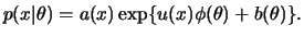 $\displaystyle p(x\vert\theta)= a(x)\exp\{u(x)\phi(\theta) + b(\theta)\}.
$