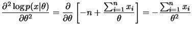 $\displaystyle \frac{\partial^2\log p(x\vert\theta)}{\partial\theta^2}= \frac{\p...
...n+\frac{\sum_{i=1}^n x_i}{\theta}\right] =
-\frac{\sum_{i=1}^n x_i}{\theta^2}
$