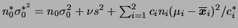 $ n_0^*\sigma_0^{*^2}=n_0\s_0+\nu s^2+
\sum_{i=1}^2 c_i n_i (\mu_i-\overline{\bfx}_i)^2/c_i^*$