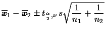 $\displaystyle \overline{\bfx}_1-\overline{\bfx}_2\pm
t_{\frac{\alpha}{2},\nu}\,s\sqrt{\frac{1}{n_1}+\frac{1}{n_2}}
$