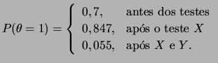 $\displaystyle P(\theta=1)=\left\{\begin{array}{ll}
0,7, & \mbox{antes dos teste...
...{ap\'os o teste $X$} \\
0,055, & \mbox{ap\'os $X$ e $Y$.}
\end{array}\right.
$