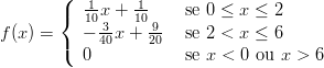        (
       {  110x +  110-    se 0 ≤ x ≤ 2
f(x) =    - -3x + -9   se 2 < x ≤ 6
       (  0 40    20   se x < 0 ou x > 6
      