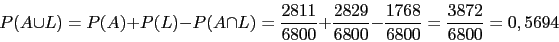 \begin{displaymath}
P(A \cup L) = P(A)+P(L)-P(A\cap L)= \frac{2811}{6800}+\frac{2829}{6800}-\frac{1768}{6800}=\frac{3872}{6800}=0,5694
\end{displaymath}