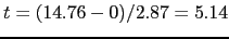$t=(14.76-0)/2.87 = 5.14$
