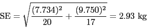 \begin{displaymath}
\mbox{SE} = \sqrt{\frac{(7.734)^2}{20} + \frac{(9.750)^2}{17}} = 2.93 \mbox{ kg}
\end{displaymath}