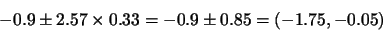 \begin{displaymath}-0.9 \pm 2.57 \times
0.33 = -0.9 \pm 0.85 = (-1.75,-0.05)\end{displaymath}