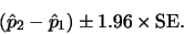 \begin{displaymath}(\hat{p}_2 - \hat{p}_1) \pm 1.96 \times\mbox{SE}.\end{displaymath}