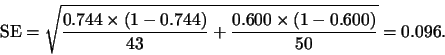 \begin{displaymath}
\mbox{SE} = \sqrt{ \frac{0.744 \times (1 - 0.744)}{43} + \frac{ 0.600
\times (1 - 0.600)}{50}} = 0.096.
\end{displaymath}