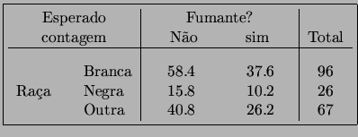 \fbox{\begin{tabular}{ll\vert cc\vert c}
\multicolumn{2}{c\vert}{Esperado} & \mu...
...a   & Negra & 15.8 & 10.2 & 26 \\
  & Outra & 40.8 & 26.2 & 67
\end{tabular}}