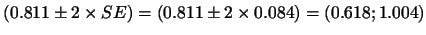 $(0.811 \pm 2 \times SE) = (0.811 \pm 2 \times 0.084) = (0.618; 1.004)$