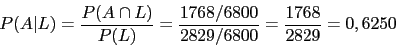 \begin{displaymath}P(A\vert L)=\frac{P(A\cap L)}{P(L)}=\frac{1768/6800}{2829/6800}=\frac{1768}{2829}=0,6250\end{displaymath}