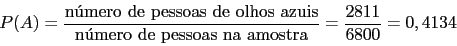 \begin{displaymath}
P(A) = \frac{\mbox{nmero de pessoas de olhos azuis}}{\mbox{nmero de pessoas na amostra}}=\frac{2811}{6800}=0,4134
\end{displaymath}