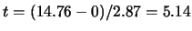 $t= (14.76-0)/2.87 = 5.14$