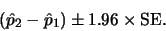 \begin{displaymath}(\hat{p}_2 - \hat{p}_1) \pm 1.96 \times\mbox{SE}.\end{displaymath}