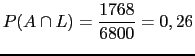 $\displaystyle P(A \cap L) = \frac{1768}{6800}=0,26$