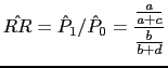 $\displaystyle \hat{RR}=\hat{P}_1/\hat{P}_0=\frac{\frac{a}{a+c}}{\frac{b}{b+d}}$