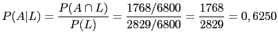 $\displaystyle P(A\vert L)=\frac{P(A\cap L)}{P(L)}=\frac{1768/6800}{2829/6800}=\frac{1768}{2829}=0,6250$