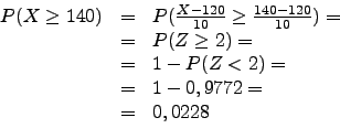 \begin{displaymath}\begin{array}{lll}
P(X \geq 140)&=&P(\frac{X-120}{10}\geq \fr...
...eq 2)=\\
&=&1-P(Z<2)=\\
&=&1-0,9772=\\
&=&0,0228
\end{array}\end{displaymath}