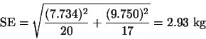 \begin{displaymath}
\mbox{SE} = \sqrt{\frac{(7.734)^2}{20} + \frac{(9.750)^2}{17}} = 2.93 \mbox{ kg}
\end{displaymath}