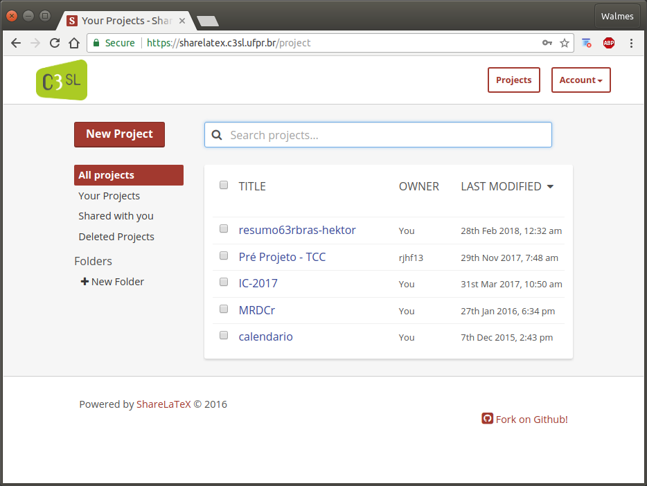 Figura  2: Tela inicial do <https://sharelatex.c3sl.ufpr.br/> após autenticação.  Essa tela exibe os projetos existentes na conta.  No botão `New Project` pode-se começar um novo projeto a partir de documentos vazios ou pelo upload de um projeto zipado.