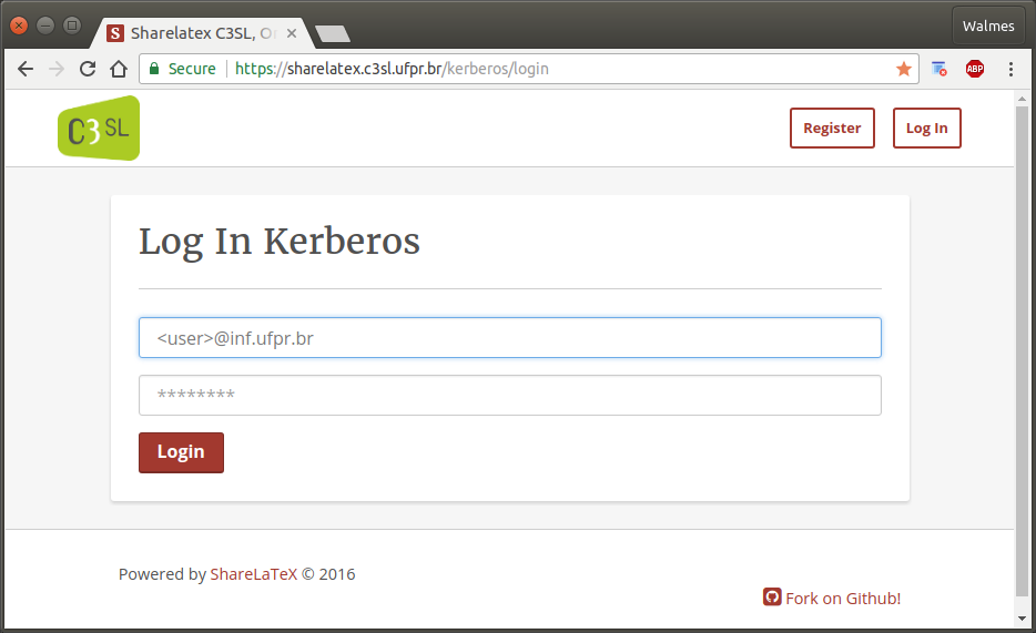 Figura  1: Tela de login do <https://sharelatex.c3sl.ufpr.br/>.  O nome do usuário deve ser informado com o domínio de email `inf.ufpr.br`.